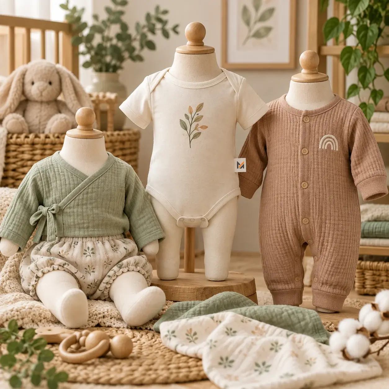 Organic baby clothing displayed on soft mannequins in cream, sage green, and warm brown, featuring a bodysuit, romper, and natural cotton outfit with subtle prints and a visible Mega Apparel logo.